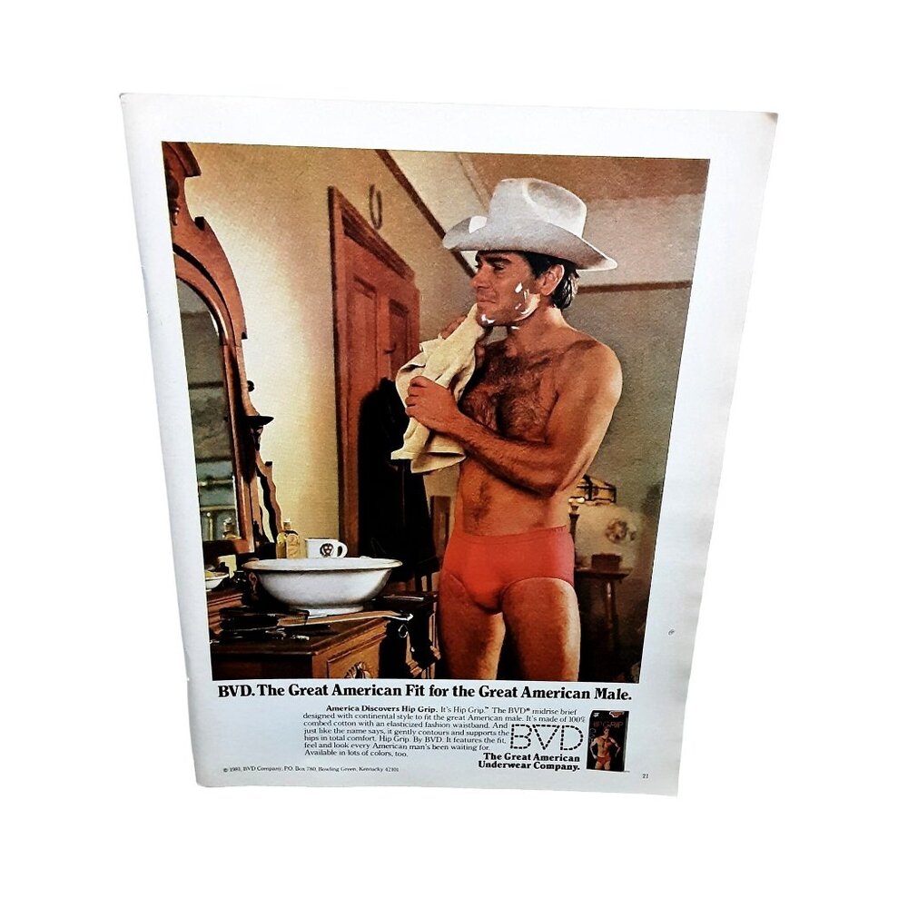 1981 BVD Briefs Man Shirtless Hairy Chest Cowboy Hat Original Vintage print ad 8